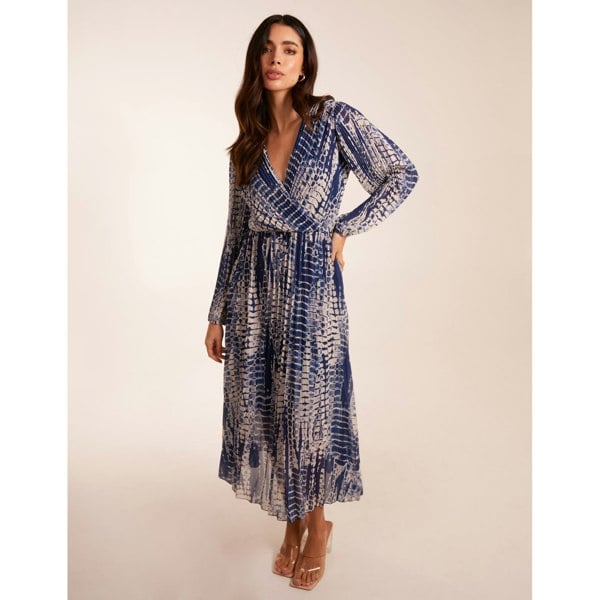 Blue Vanilla Pleated Abstract Snake Print Wrap Dress