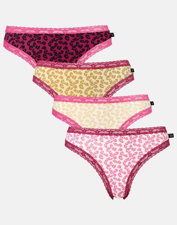 British Boxers Multipack! 4 Pairs of Women's Bamboo Lace Thongs – Leopard Rose