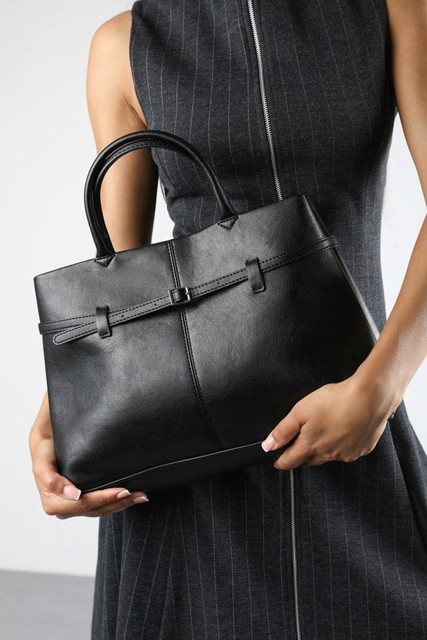 Where's That From Flores Luxury Structured Leather Tote Bag in Black
