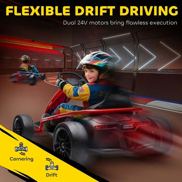Red electric kids go-kart with helmeted child driver, angled view with motion blur