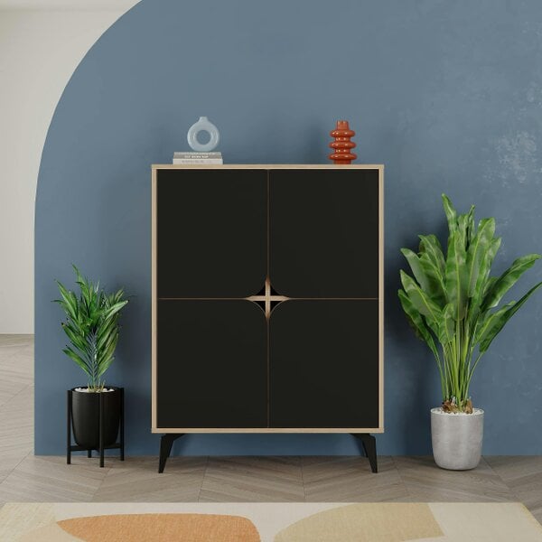 Decortie Modern Spark Cabinet 4-Doors Storage Engineered Wood Display Unit with Black Metal Legs 90(W)cm Oak