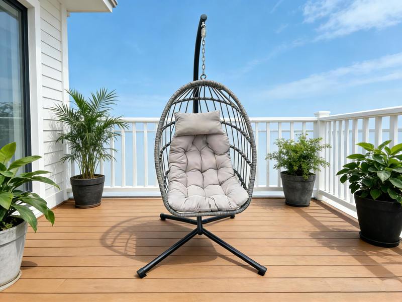 Fimous Indoor Outdoor Patio Rattan Single Egg Hanging Chair Garden With Grey Thick Cushion