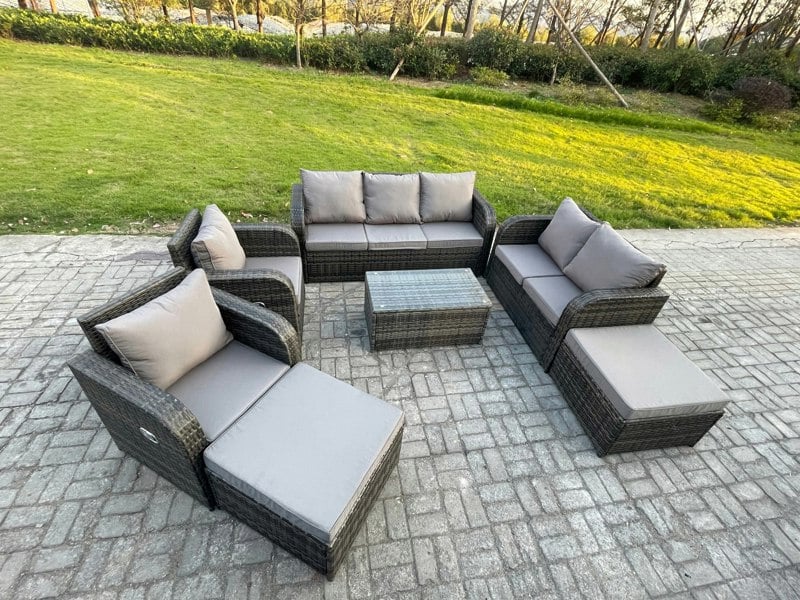 Fimous Wicker PE Rattan Garden Furniture Set 9 Seater Outdoor Lounge Sofa Set with Love Sofa Coffee Table 2 Big Footstool Dark Grey Mixed