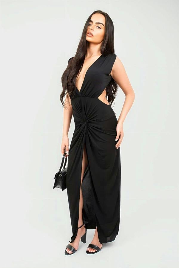 Julia Ruched Backless V Slit Women Bodycon Maxi Dress - Black