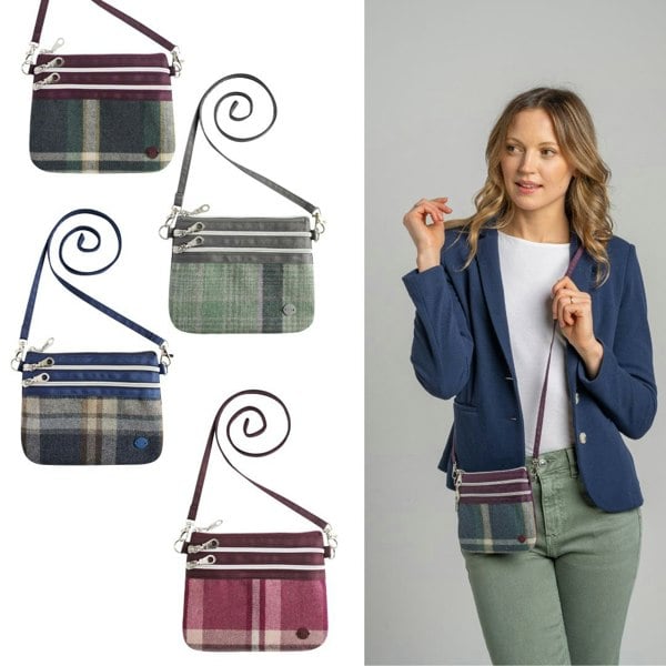 Earth Squared Tweed Mini Crossbody Pouch – Tartan 3 zip Purse Bag