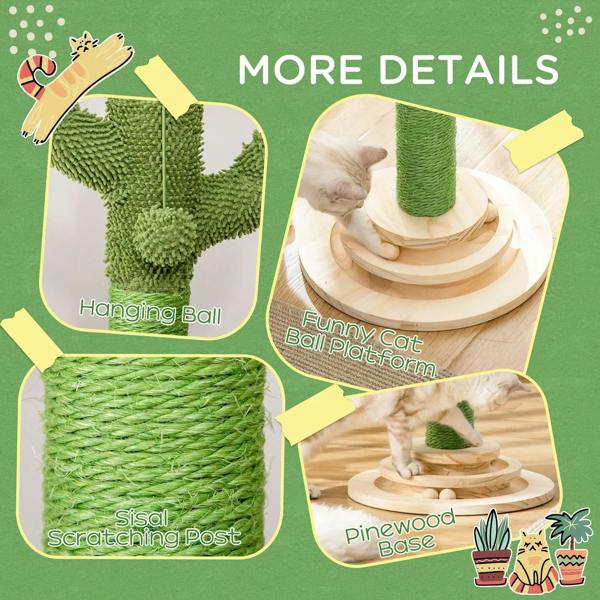 Green cactus cat scratching post with sisal scratching texture and circular base