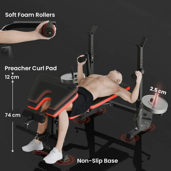 Preacher curl pad attachment with soft foam rollers and non-slip base, red accents