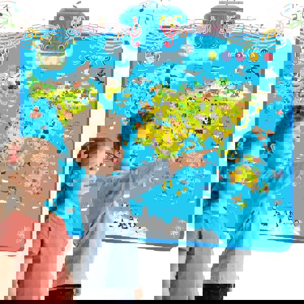 deAO Toys Interactive Talking World Animal Map for Kids 105+ Animal Sounds & Facts Educational Touch Poster Toy Learn Geography Animals & Fun Quizzes