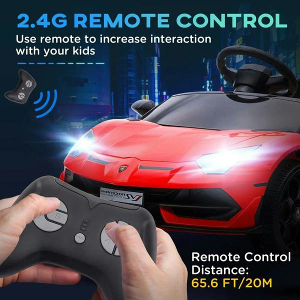 Red kids electric car controlled by handheld remote; illuminated headlights visible.