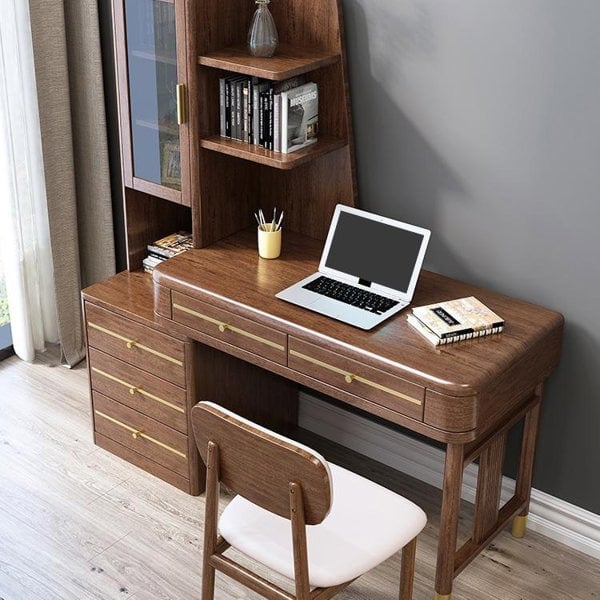 SK21 Office Desk With Side Storage, Rosewood & Gold-Weilai Concept-Weilai Concept