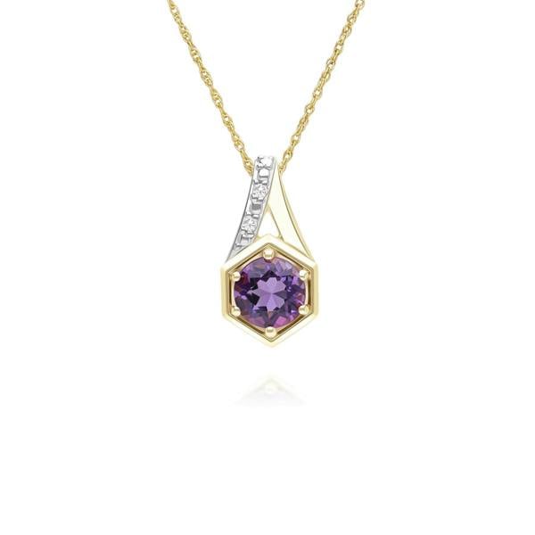 Gemondo Geometric Hexagon with Prong set Round Amethyst and Diamond Pendant Necklace in 9ct Yellow Gold