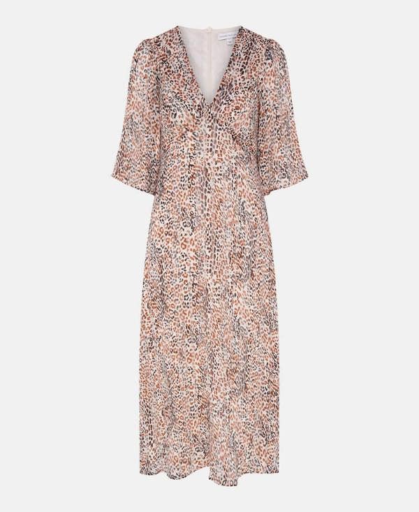 Animal print cream foil gold midi dress