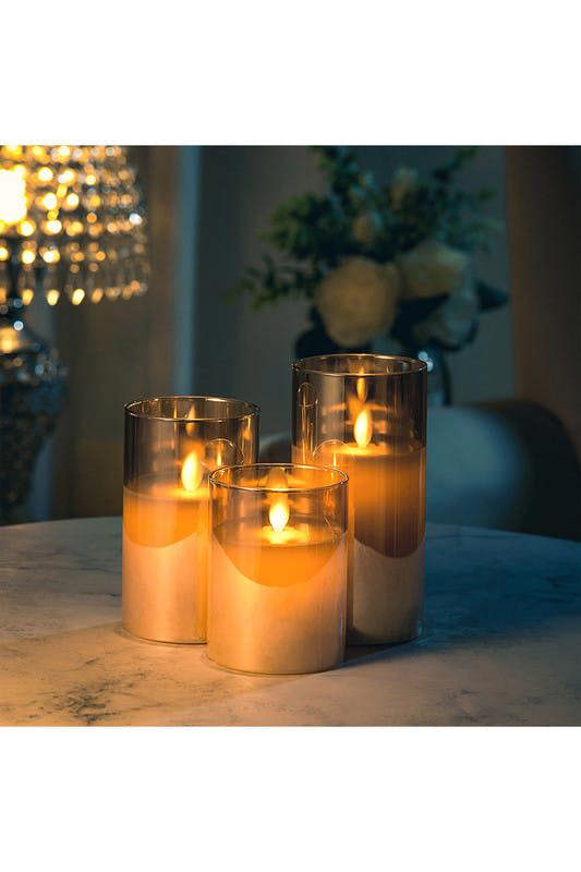 3Pcs Gold Glass Flameless LED Candles Realistic Swaying Flame Pillar Candles