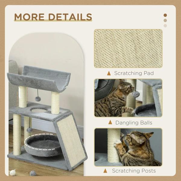 Light grey cat tree tower detail view: scratching pad, dangling balls, and scratching posts