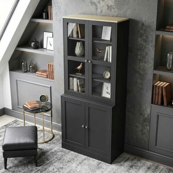 Modern Bookcase Display Storage Unit with Glass Doors Adjustable Shelves, Black