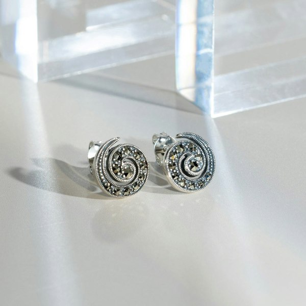 Art Nouveau Style Round Marcasite Spiral Stud Earrings in 925 Sterling Silver flatlay