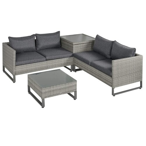 Bobobiy 4 Pieces Rattan Garden Set, 4 Seater Garden Sofa Set with Storage Box, Wicker Outdoor Conservatory Furniture with Cushions, Grey