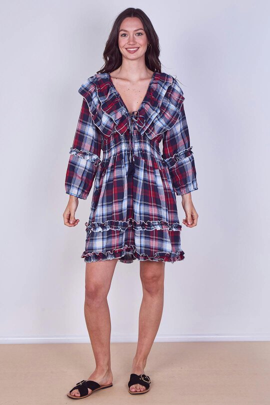 Frill Detail Check Smock Dress