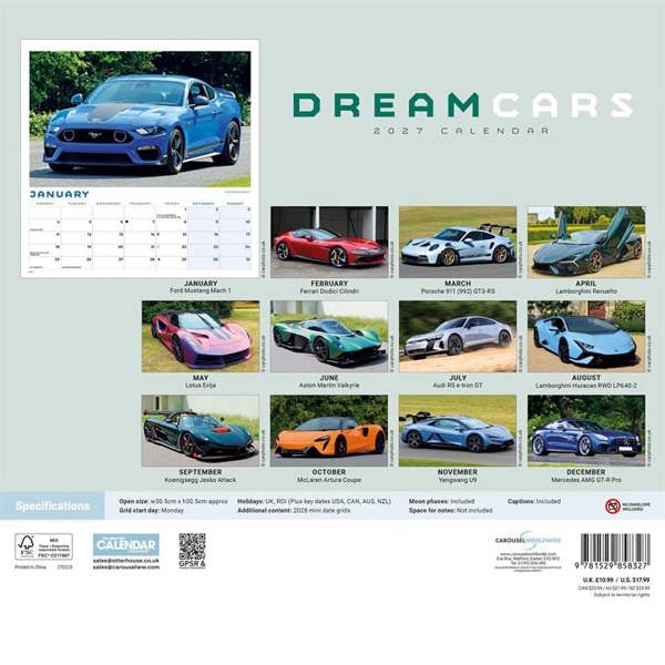 Dream Cars Calendar 2027, Wall Calendars, Month To View, Transport, Gift