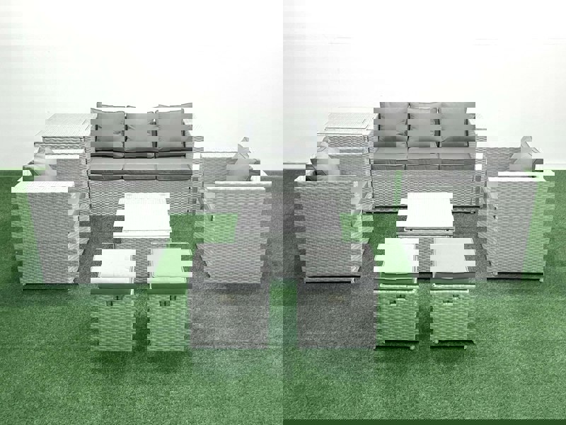 Fimous 7 Seater Rattan Garden Furniture Set with 3 Seater Sofa 2 Chair Square Coffee Table 2 Small Footstools Side Table Light Grey Mixed