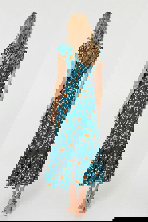 Teal | Floral Cap Sleeve Lace Trim Maxi Dress
