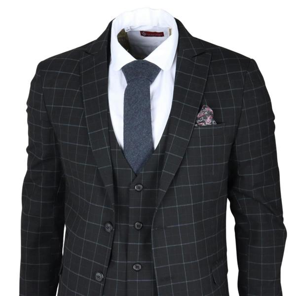Infinity Leather Men's Black Checked 3 Piece Suit Tailored Fit