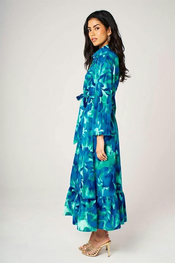 FS Collection Abstract Floral Print Hem Detail Shirt Midi Dress With Tie Waist In Blue