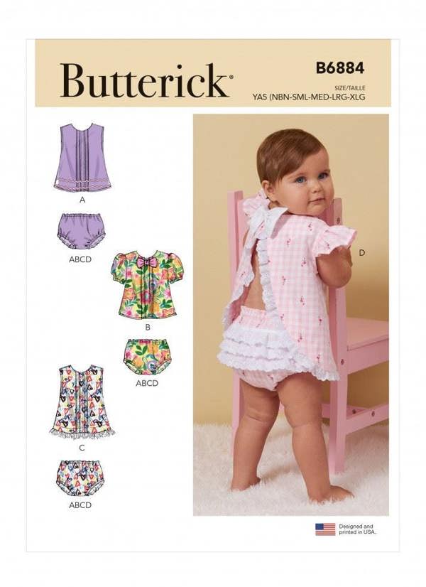 Butterick Sewing Pattern 6884, Tops, Shorts for Baby, YA5 (NB-S-M-L-XL) - Easy