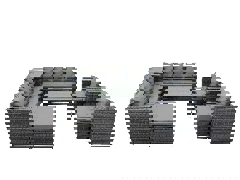 Fimous Garden Rattan Outdoor Furniture Set 11 Seater Patio Corner Sofa Oblong Coffee Table with Chair 3 Stools Side Table Dark Grey