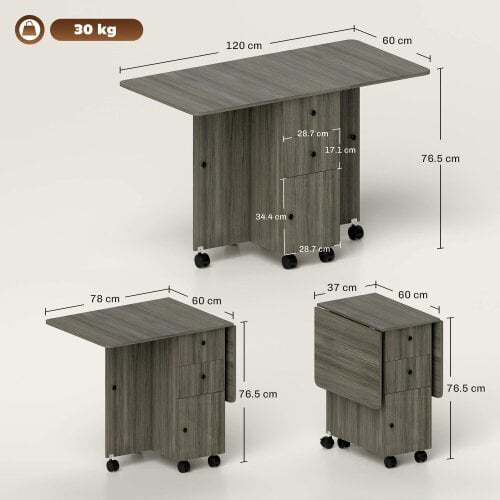 Wyld Haus Todiralo Wooden Grey Drop Leaf Dining Table With Built In Storage For 6
