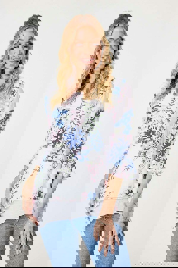 Pink | Floral 3/4 Flare Sleeve Curve Hem Top