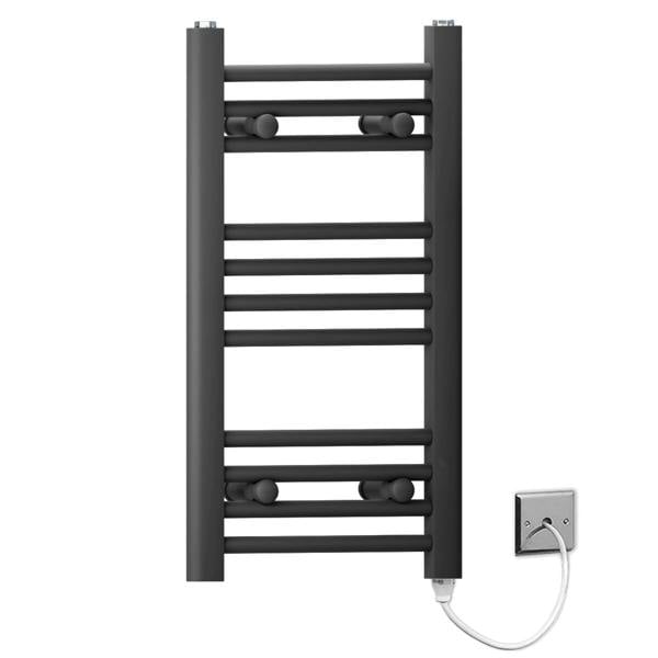 MYHOMEWARE 400 x 600mm Black Flat Electric Pre-Filled Heated Towel Rail Radiator For Bathroom Designer Standard Element