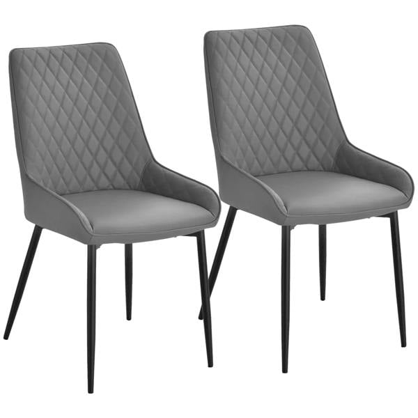 Two grey quilted dining chairs with curved armrests and black metal legs