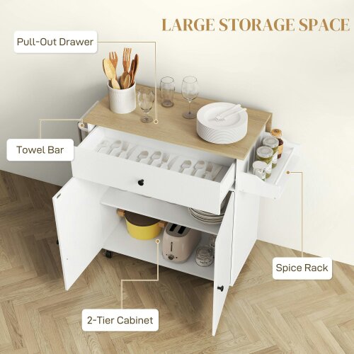 Wyld Haus Seto Wooden White Rolling Kitchen Island With Drop Leaf Drawer Spice Rack And Towel Rail
