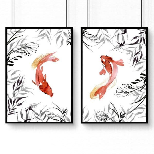 Koi fish Japanese art | set of 2 wall art prints for office decor