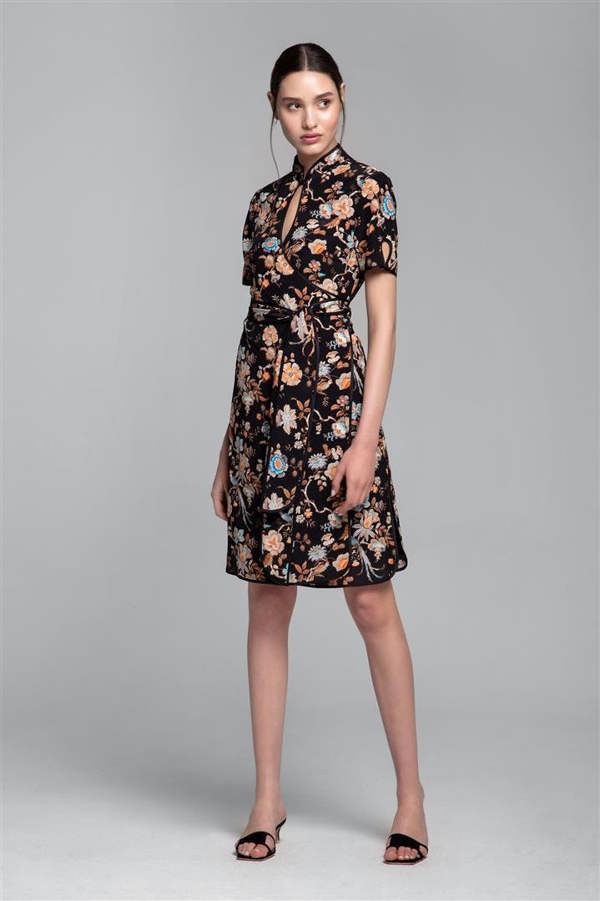 Rumour London Akiko kimono-style silk wrap dress with oriental print in black