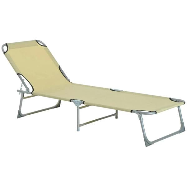 Beige folding sun lounger chair with raised adjustable backrest and steel frame
