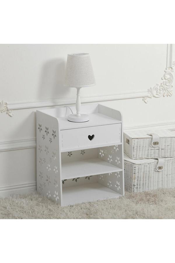 Living and Home 4-tier Hollow Carved Flower Pattern Wooden Side Table Nightstand with Drawer for Bedroom White
