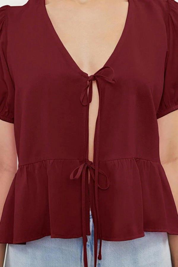 WOVCOR Tie Front V-Neck Short Sleeve Woven Shirt