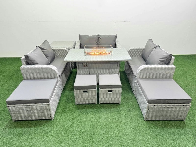 Fimous PE Rattan Lounge Sofa Set 10 Seater Outdoor Garden Furniture Set with Gas Fire Pit Table Love Sofa 2 Big Footstools Side Table Light Grey