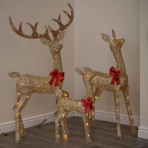 Samuel Alexander Set of 3 Gold Glitter Light Up Reindeer Family with 210 Warm White LEDs & Timer