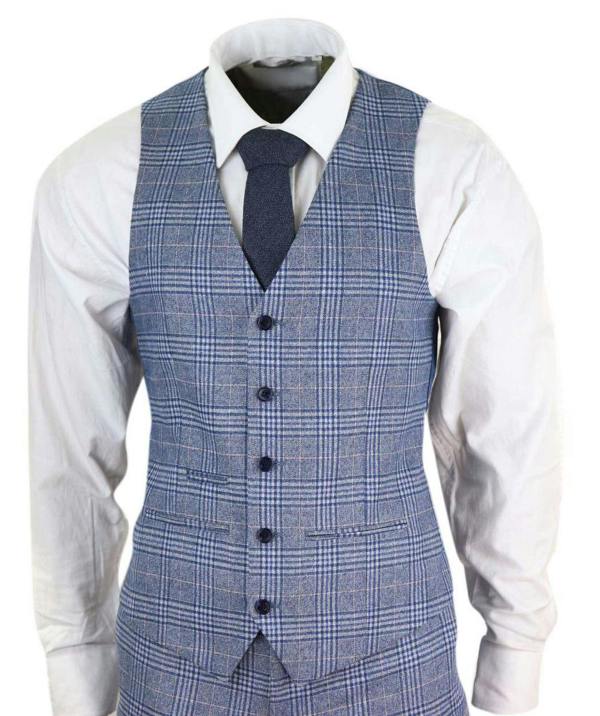 Paul Andrew Mens 3 Piece Blue Grey Tweed Check Vintage Retro Suit