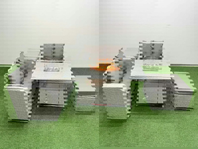 Fimous 5 Seater Outdoor Love Sofa Set Rattan Garden Furniture Set with Fire Pit Dining Table Big Footstool Side Table Light Grey