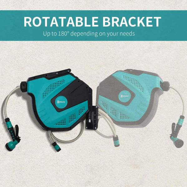 Wall-mount retractable hose reel with rotatable bracket in teal and black