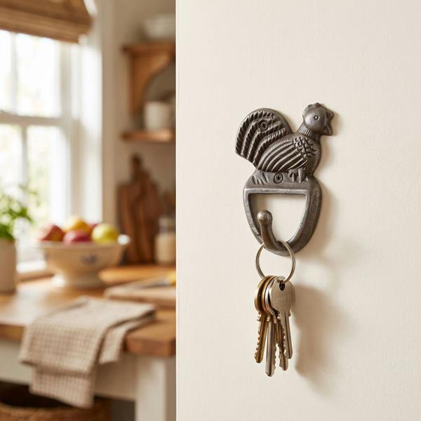 Close-up of small antique cast iron chicken hook on a painted wall in a bright country kitchen with vintage farmhouse decor, showing detailed craftsmanship.