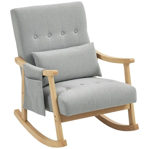 Light grey upholstered rocking accent chair with tufted back and wooden arms