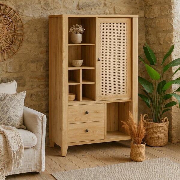 Wyld Haus Monza Natural Oak Wood and Rattan 1 Door 2 Drawer Cabinet