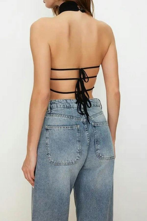 WOVCOR High Neck Crop Blouse with Back Detail and Off-Shoulder Design