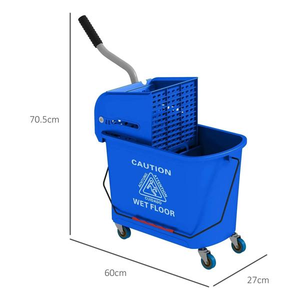 Blue compact mop bucket on caster wheels with wringer basket and water separation panel