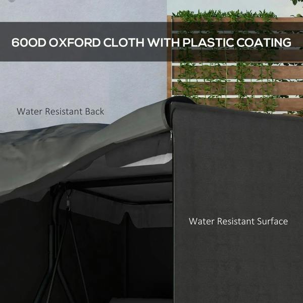 Dark grey swing chair cover draped over seat, with water-resistant looking surface